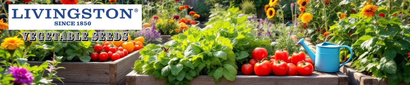 Livingston Seeds Vegetables pour from a cornucopia on a table in a garden